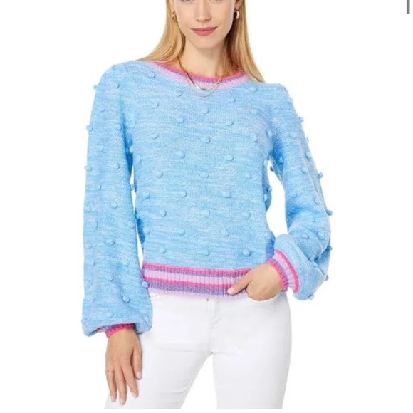 Lilly Pulitzer Verna Sweater Pom Pom Blue Pink Womens Crewneck Sz M - Picture 14 of 14